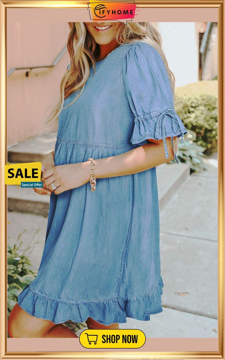 Blue High Waist Ruffled Denim Dress Chic Knee-length Washed Blue Denim Dress, Knee-length Denim Dress With Ruffles For Spring, Chic Washed Blue Knee-length Denim Dress, Denim Ruffle Knee-length Dress, Knee-length Ruffled Denim Dress, Denim Ruffle Dress, Denim Dress, High Waist, On Sale