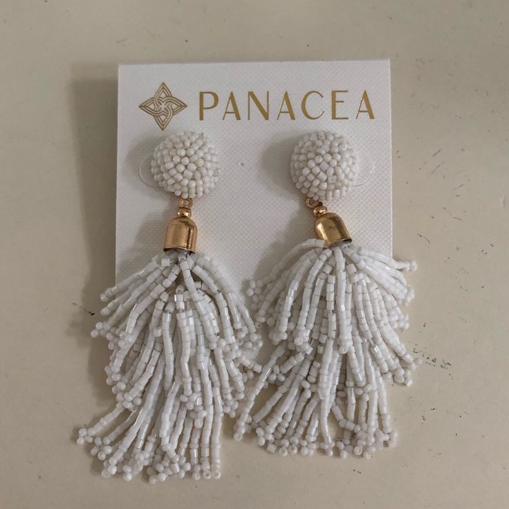 Brand New! Never Worn. White Beaded Drop Gold Colored Hardware Stud With Back Closure Top White Beaded Earrings For Summer, White Round Bead Earrings For Beach, White Beaded Earrings With Round Beads For Party, White Beaded Earrings For Party, White Dangle Beaded Earrings, White Dangle Beaded Earrings For Beach, Adjustable White Earrings For Parties, Adjustable White Party Earrings, White Beaded Earrings With Dangling Beads For Party