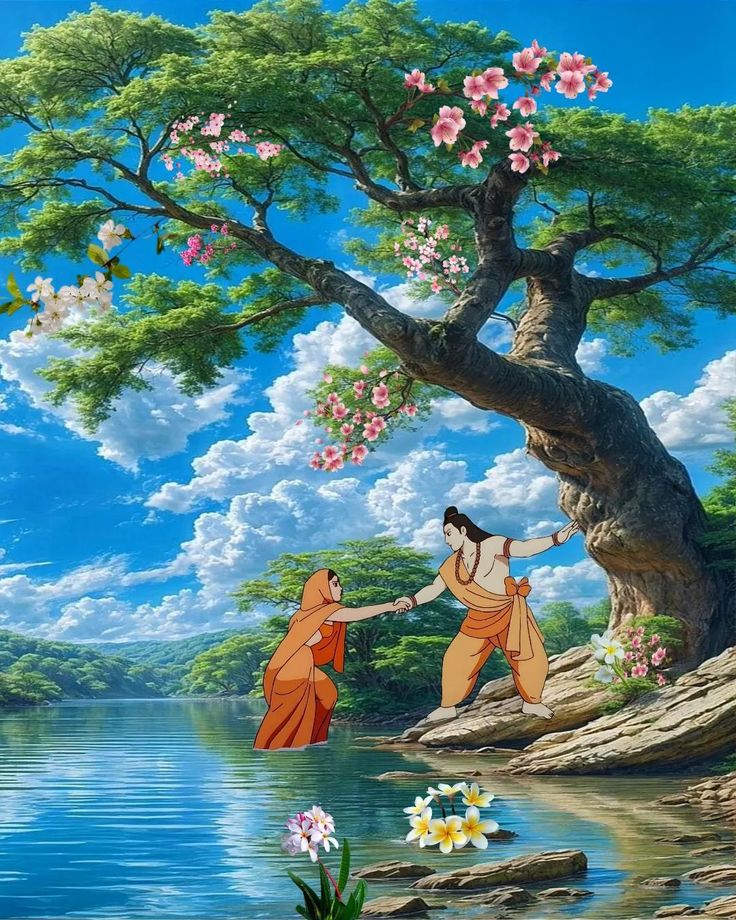 two people are standing in front of a tree with flowers on it and one is holding the hand of another person