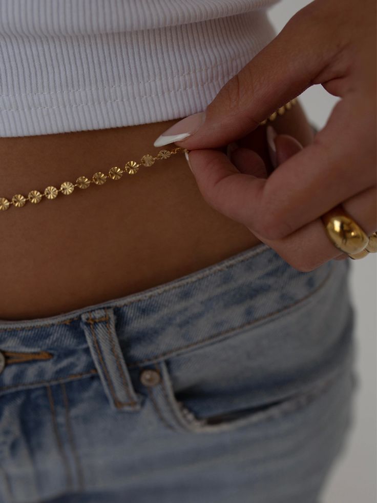 Waist / Body Chain Size: Adjustable from 27" to 34" Material: 18K Gold Plated over Premium 316L Stainless Steel Care: Water/ Sweat Resistant (No Discoloration or Tarnishing) Belly Jewelry Chain Waist Gold, Belly Necklaces, Waist Chains Body Jewelry, Gold Waist Chain, Belly Bump, Belly Jewelry, Belly Chain, Waterproof Jewelry, Signature Jewelry