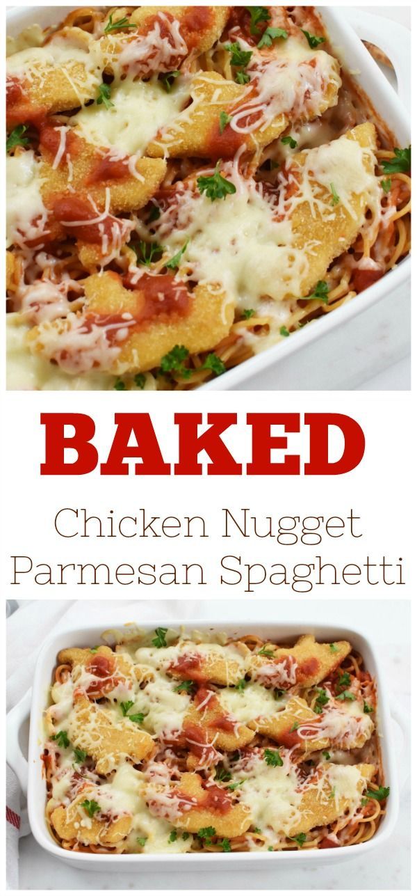 baked chicken nugget parmesan spaghetti casserole in a baking dish