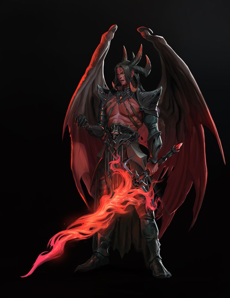 a demonic demon standing in the dark with his arms spread out, holding two swords