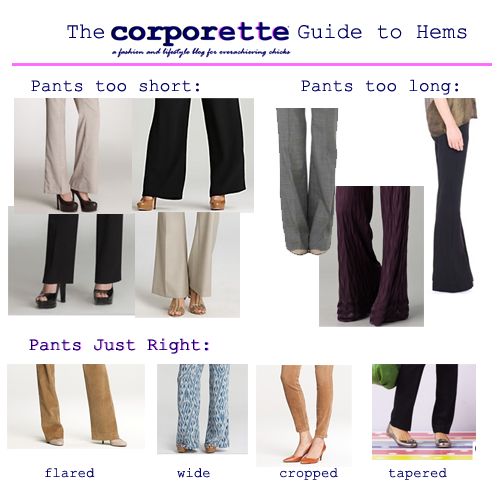 guide to pants lengths. Pants Outfits, How To Hem Pants, Professional Attire, Summer Pants, Comfortable Heels, Pantalon Large, Dress For Success, Working Woman, Work Clothes