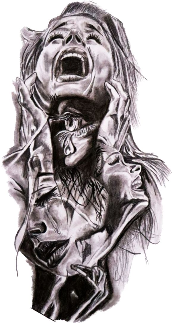 a drawing of two people with their mouths open and one person holding the other's head