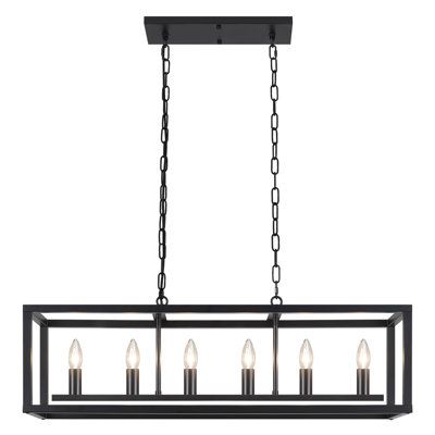 a rectangular chandelier with five lights hanging from the ceiling