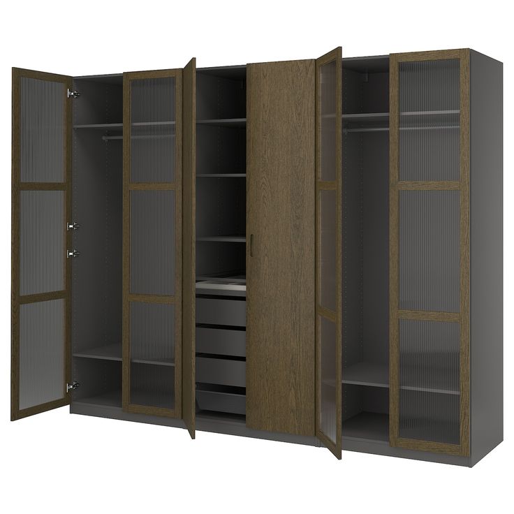 an open cabinet with doors and drawers on both sides, in front of a white background