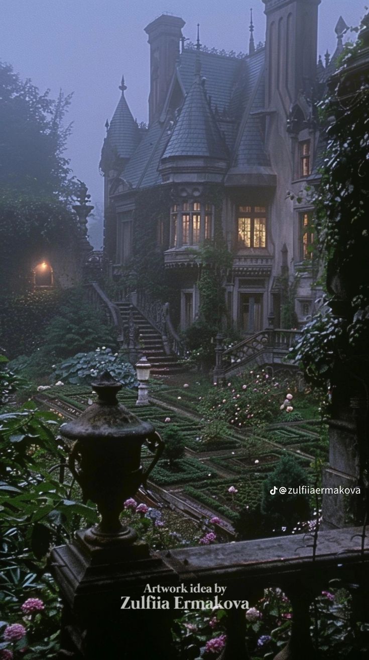 an old house with lots of flowers in the front yard and stairs leading up to it