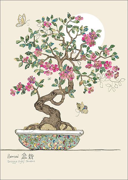 a drawing of a bonsai tree with pink flowers in a blue bowl on a table