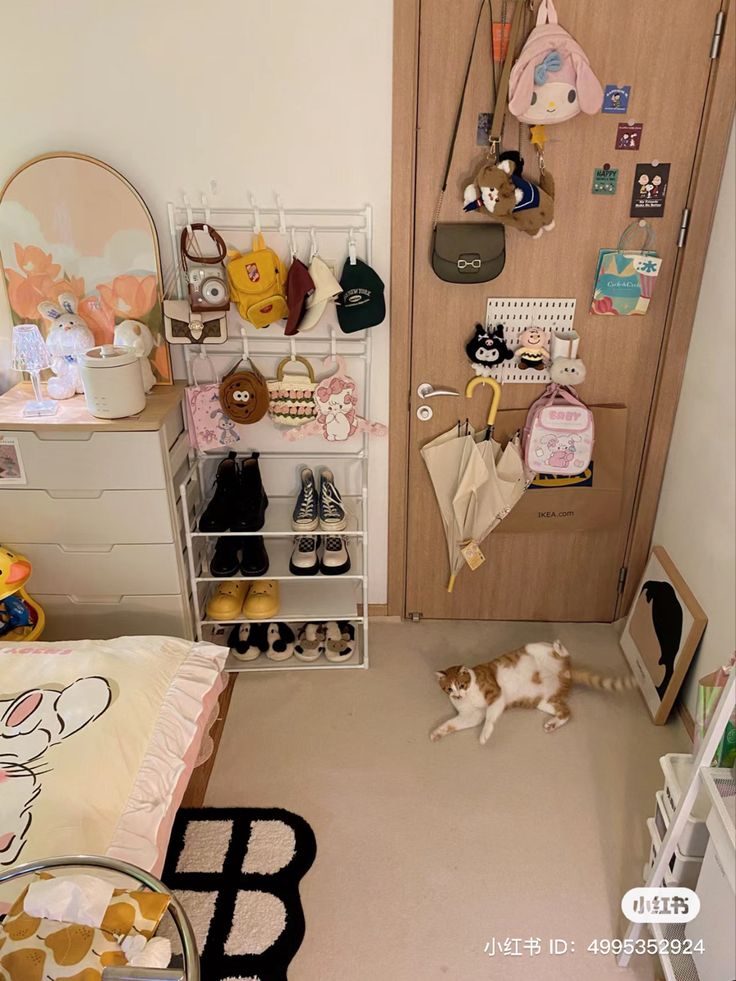 a cat laying on the floor in front of a closet filled with baby shoes and toys