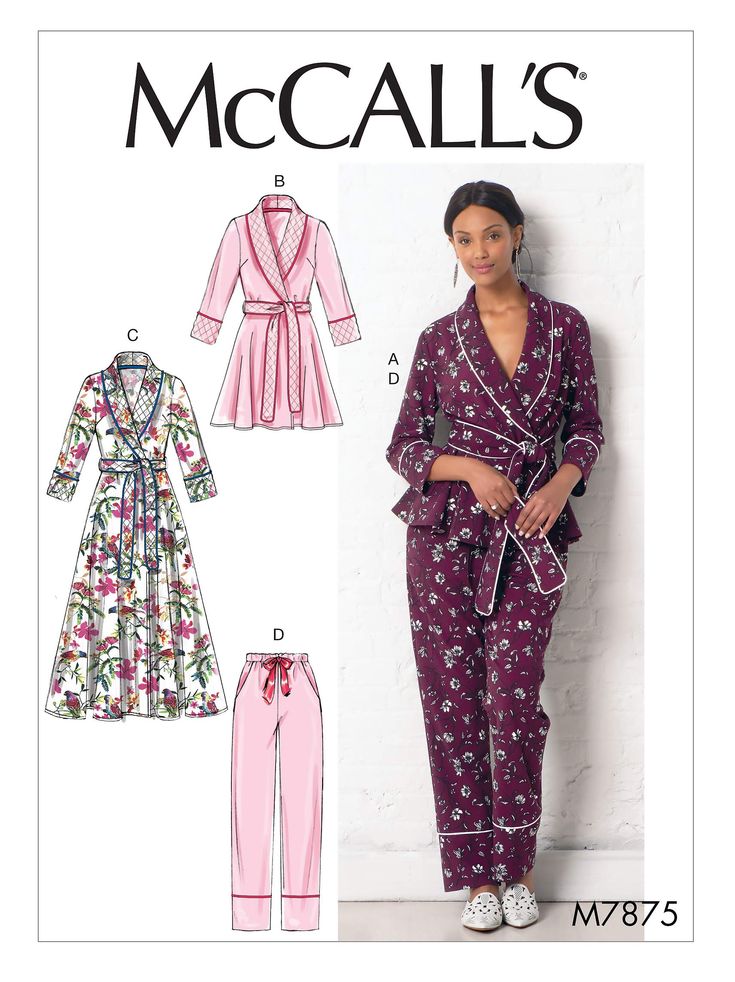 PRICES MAY VARY. Includes sewing templates, instructions, fabric recommendations, pattern pieces, and sizing guides for (3) women's bathrobes and (1) pair of pants. These clothing patterns for women can be made to fit sizes L and XL. Wrap robe and robe jacket can be made with length and construction variations, and pattern includes options for quilting and purchased piping while pants have a drawstring waist with purchased ribbon, slash pockets, and purchased piping trim. All McCall's patterns a Pajama Bottoms Womens, Pajama Pattern, Kwik Sew, Womens Pajamas Pants, Mccalls Sewing Patterns, Women's Robe, Vogue Patterns, Womens Sewing Patterns, Vest Pattern