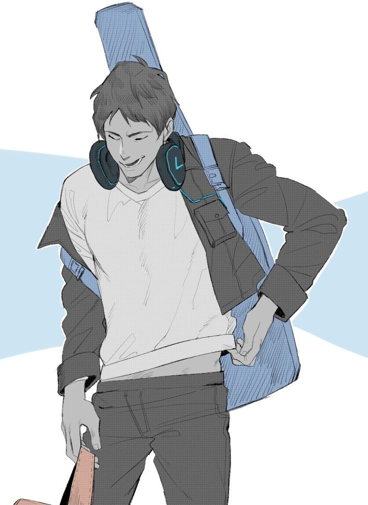 a man with headphones and a backpack is holding his hands behind his back as if he's listening to music