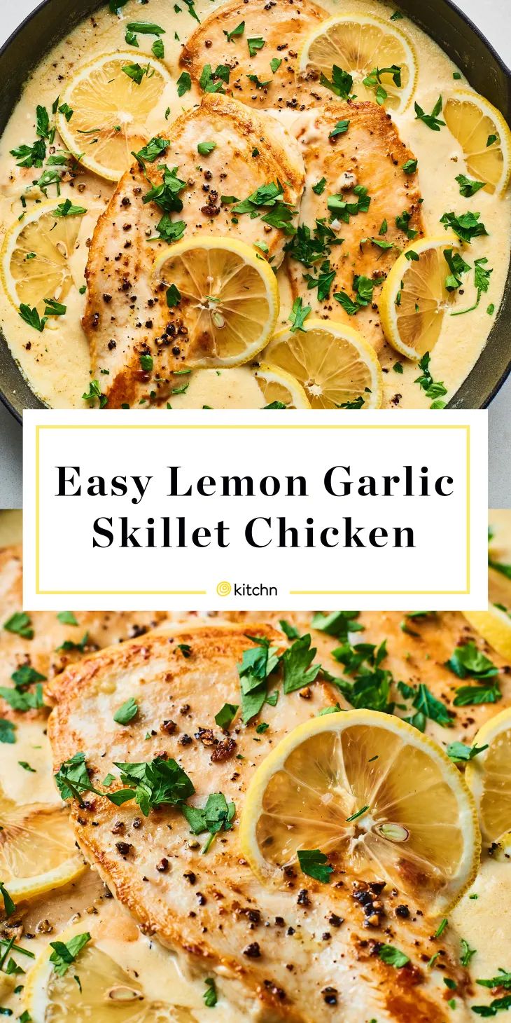 easy lemon garlic skillet chicken in a pan