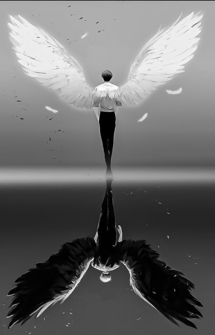 a man standing on top of a black and white photo with wings flying above him