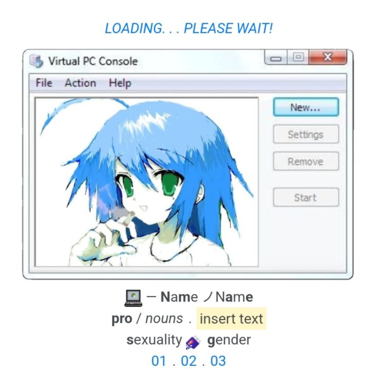 an image of a web page with blue hair and green eyes, text reads loading please wait