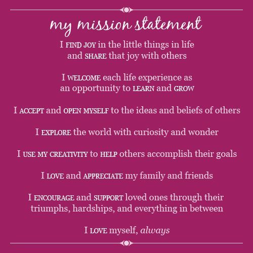 a poem written in pink with white writing on it and the words,'my mission statement i find you in the little things in life and share that joy with others