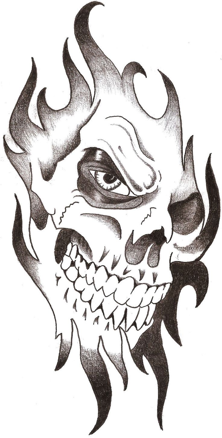 a drawing of a skull with flames on it