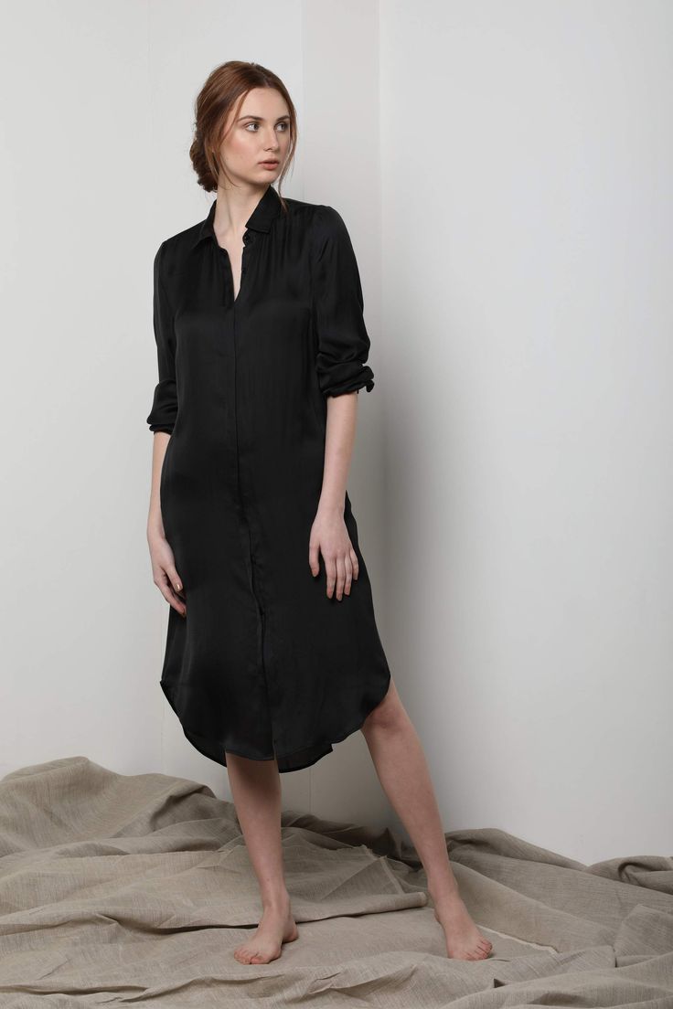 Our take on the classic shirt dress. Cut to be worn loose, we love wearing ours buttoned all the way up, open to the bust or as a jacket over the Everyday Camisole. French seam details mean that all raw edges are hidden in an elegant finished seam. Relaxed-fit V-neck Shirt Dress For Daywear, Black Cotton Relaxed Fit Shirt Dress, Relaxed Fit Knee-length Shirt Dress With Placket, Boyfriend Shirt Dress, Black Relaxed Fit Button-up Shirt Dress, Essential Shirt, Medium Wash Cotton Button-up Shirt Dress, Classic Shirt Dress, Wide Leg Palazzo Pants