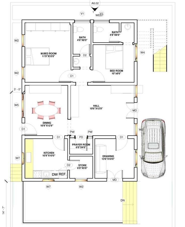 the floor plan for a house with two cars parked in front of it and an overhead garage