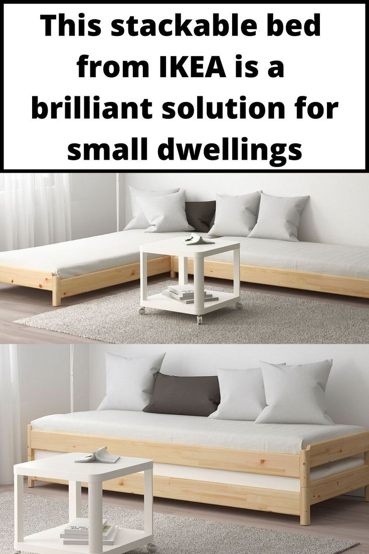 this is an image of a sofa made out of wood and white fabric with text overlay that reads, this stackable bed from ikea is a brilliant solution for small dwelling