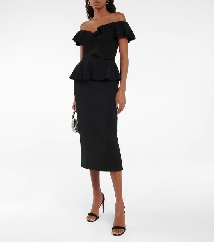 Rebecca Vallance - Grace midi dress | Mytheresa Rebecca Vallance, Ruffled Neckline, 2022 Fashion, Fitted Silhouette, Black Midi Dress, Fitted Bodice, Peplum Dress, Black Friday, Dress Skirt