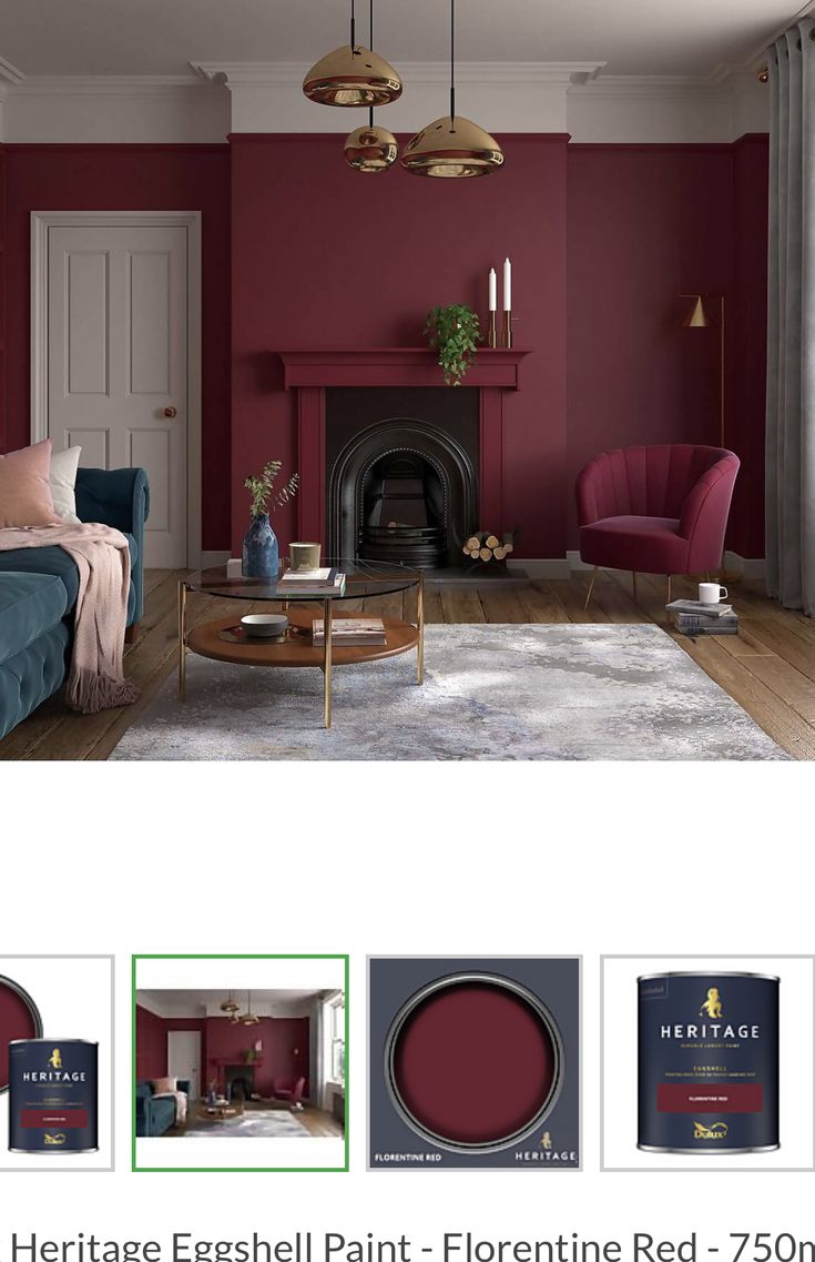 a living room with red walls, furniture and accessories in the color burgundy / teal