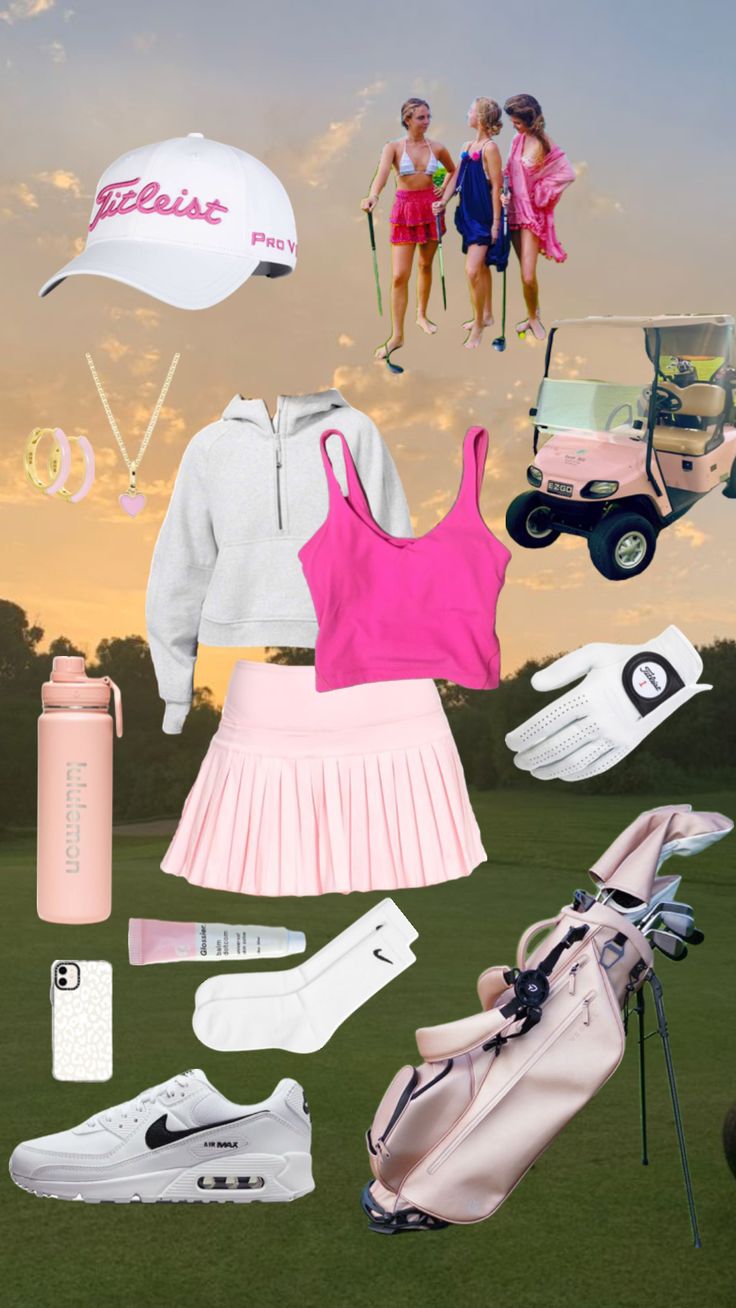 a collage of various items including clothing, shoes and golf balls on the grass