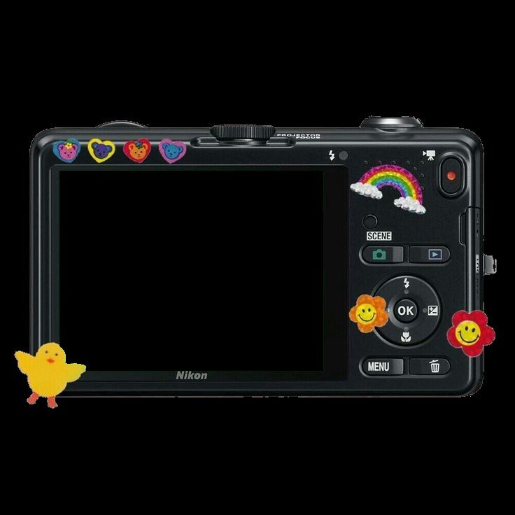 a digital camera with an image of a chicken on the front and rainbows in the back