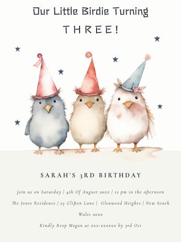 three little birds wearing party hats on their birthday card