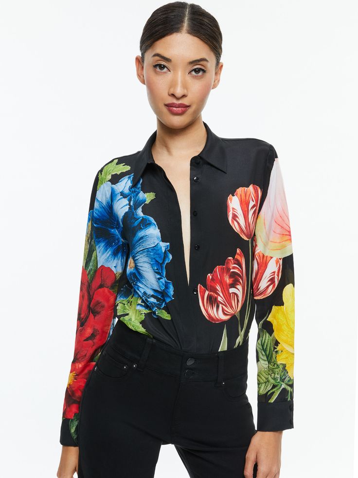 Willa Placket Top In Le Parisien Black Luxury Silk Blouse Piece With Meenakari, Luxury Multicolor Button-up Blouse, Top Les, Alice And Olivia, Twill Shirt, Sweaters And Leggings, Silk Twill, Collar Blouse, The Boss