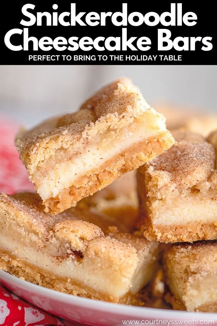 a plate full of cheesecake bars with the words, snickker doodle cheesecake bars perfect to bring the holiday table