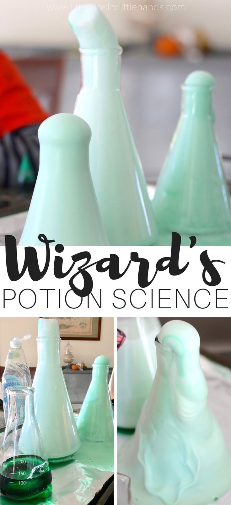 several different pictures of glass vases on a table with text overlay that reads wizard's pottion science