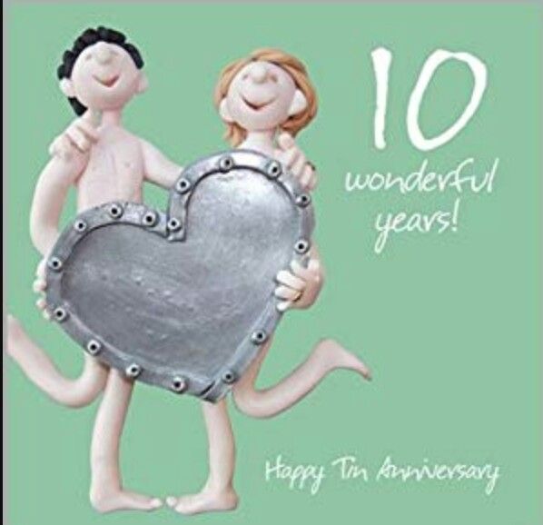 a happy 10th anniversary card with two people holding a heart