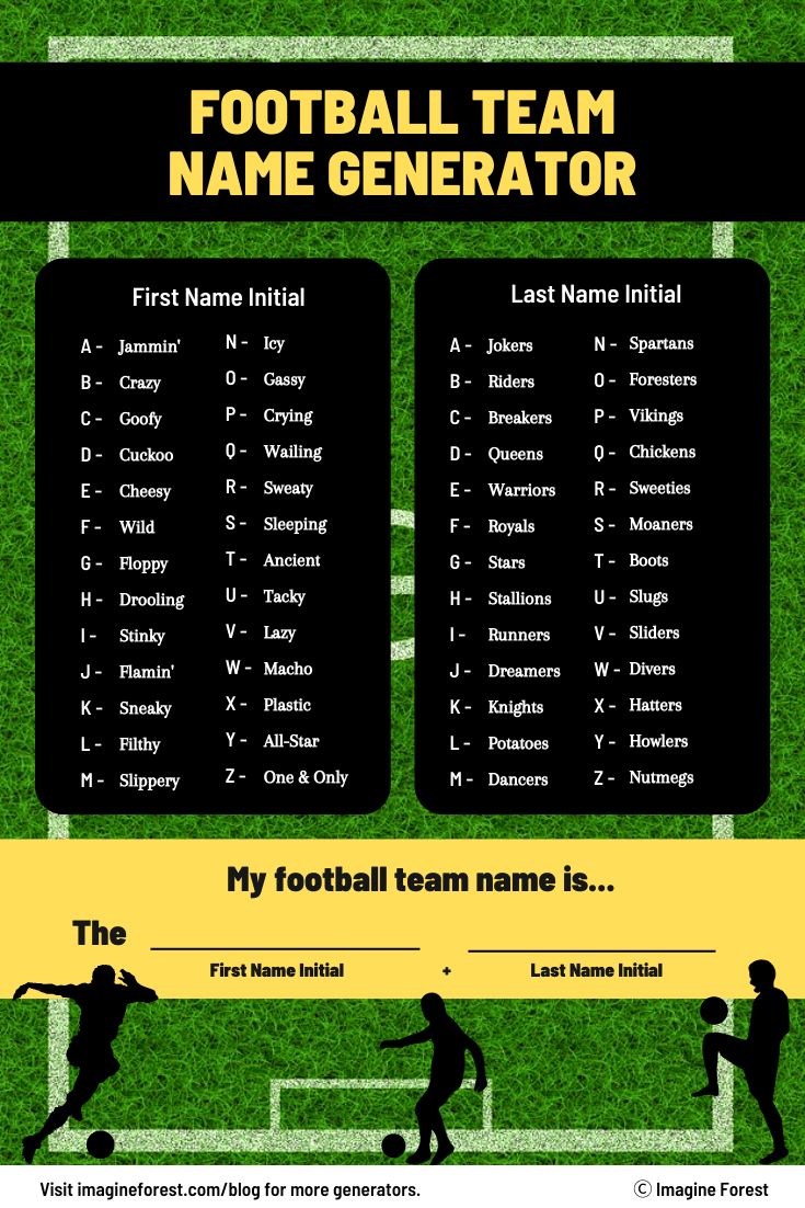 the football team name generator is shown in black and yellow, with two players on each side