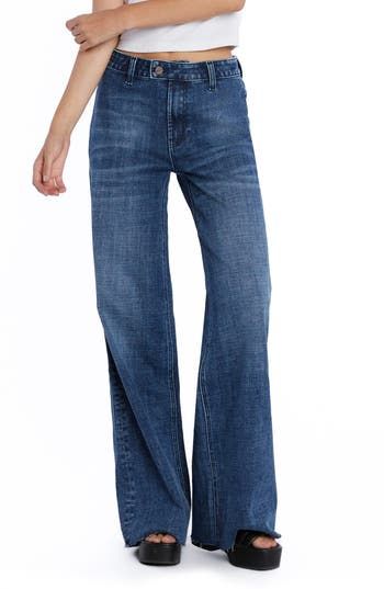 Tailored with an easy-fitting wide leg, these stretch-denim jeans feature a flat front and two back patch pockets. 32" inseam; 23" leg opening; 10 1/4" front rise Zip fly with button closure Back patch pockets 69% cotton, 27% REPREVE® recycled polyester, 3% rayon, 1% spandex REPREVE recycled polyester is made from 100% post-consumer recycled plastic bottles Machine wash, tumble dry Imported Best Jeans For Curvy Shape, Types Of Pants For Women, Types Of Jeans For Women, Wide Flare Jeans, Jeans For Work, Low Rise Wide Leg Jeans, High Waisted Jeans Outfit, 70s Pants, Mid Rise Straight Leg Jeans