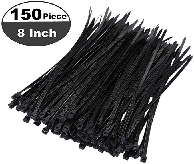 black plastic cable ties are lined up on a white background with the words,'1 50