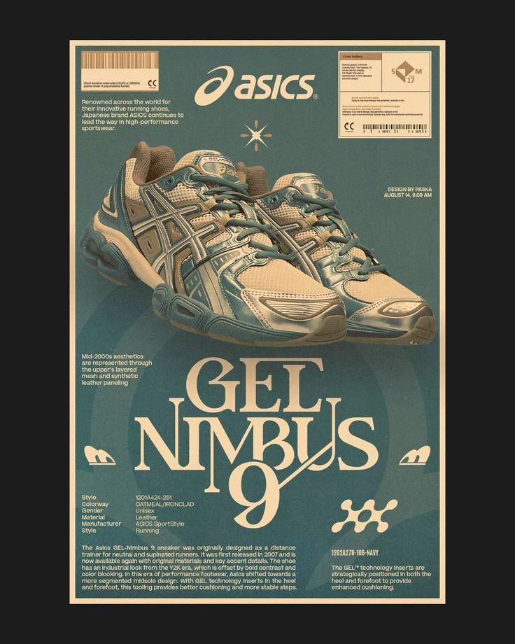 an advertisement for the asics gel nimbus 9 shoe, which is on display