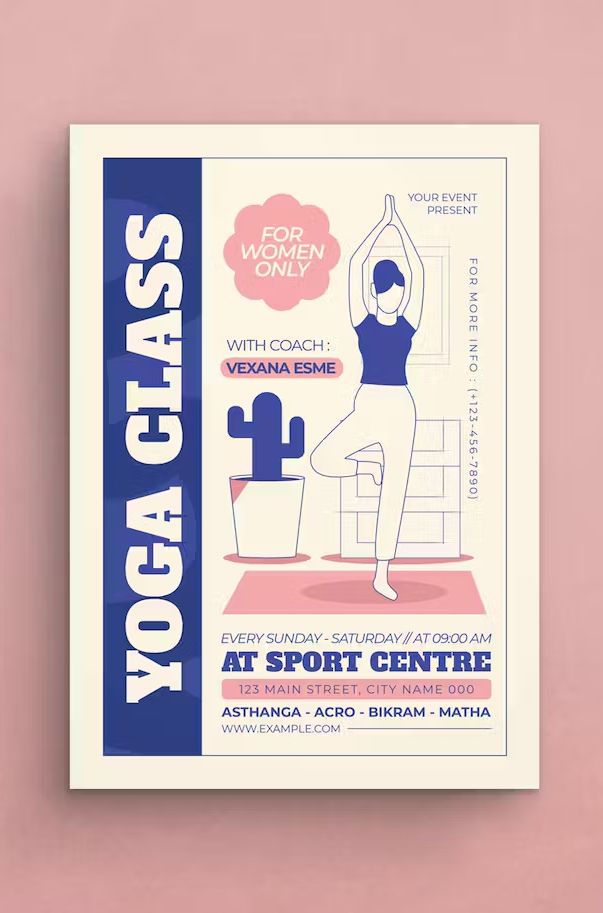 a yoga class flyer is shown on a pink background