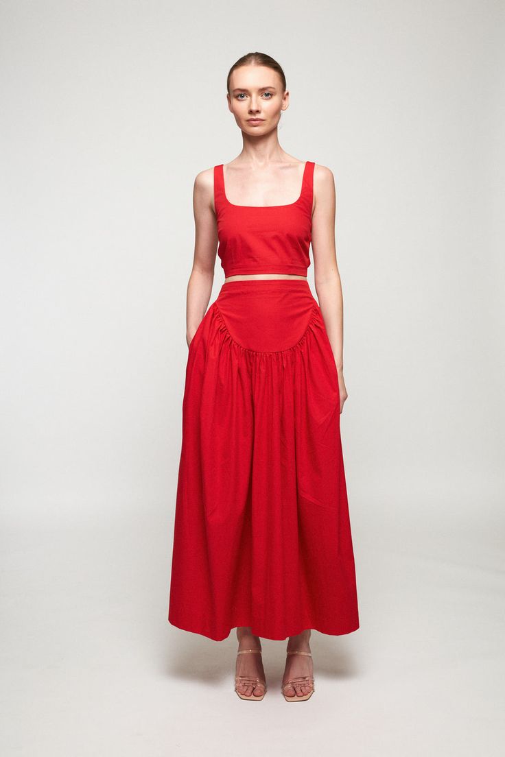 DESCRIPTION Wide Strap Crop - USD 249.00 Cut from low impact cotton in a romantic red hue this statement crop features a low scooped neck and criss cross elasticised straps down either side. The back panel is also elasticised for a look that sits comfortably close. * Prints and colours may vary slightly due to the hand Red Midi Skirt Outfit, Red Midi Skirt, Romantic Outfit, Red Outfit, Red Skirts, A Romantic, Minimal Fashion, Womens Casual Outfits, Skirt Outfits