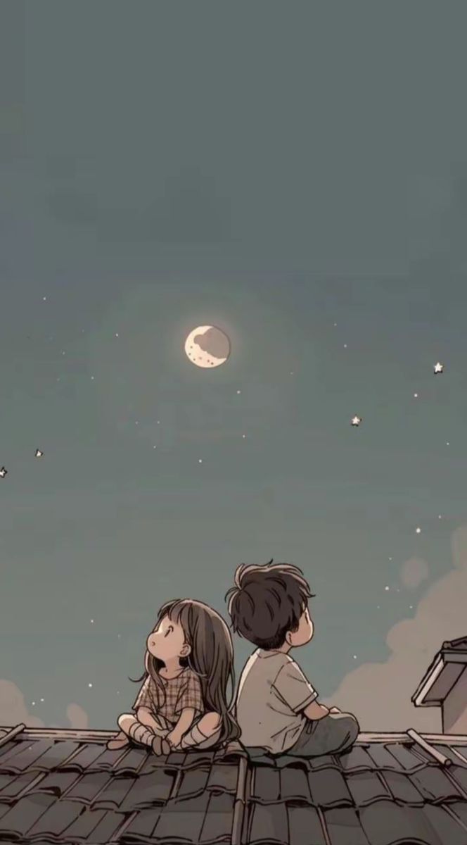 two children sitting on top of a roof looking at the moon in the night sky