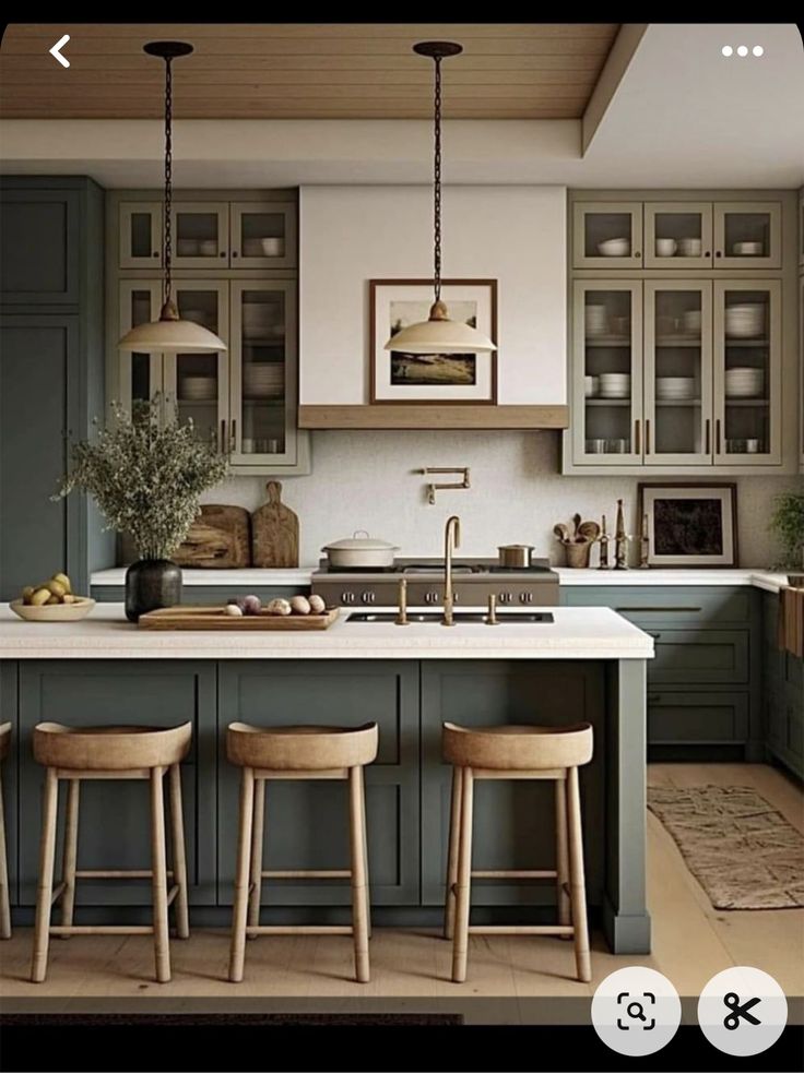 an image of a kitchen setting with bar stools and island in the foreground