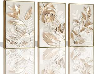 the four panels are decorated with gold leaves and flowers on white background, as well as an image of a fern