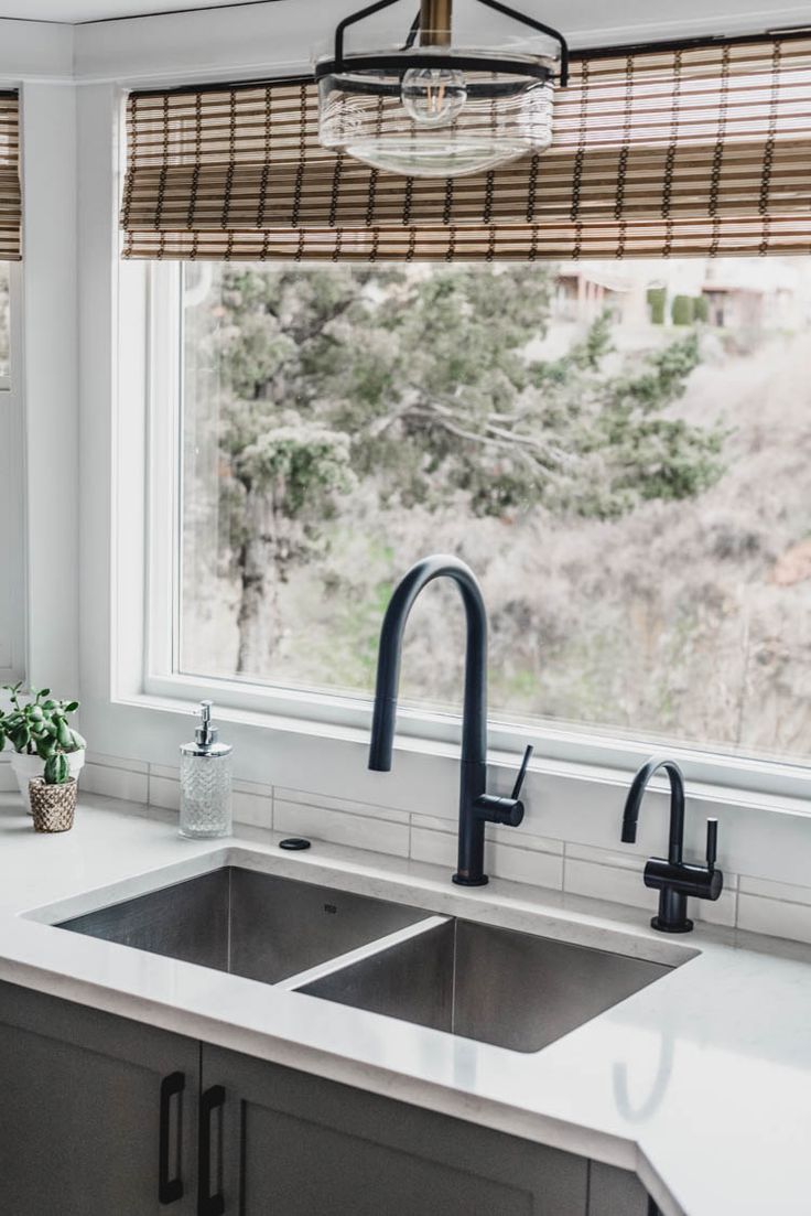 a kitchen sink under a window next to a counter with a potted plant on it