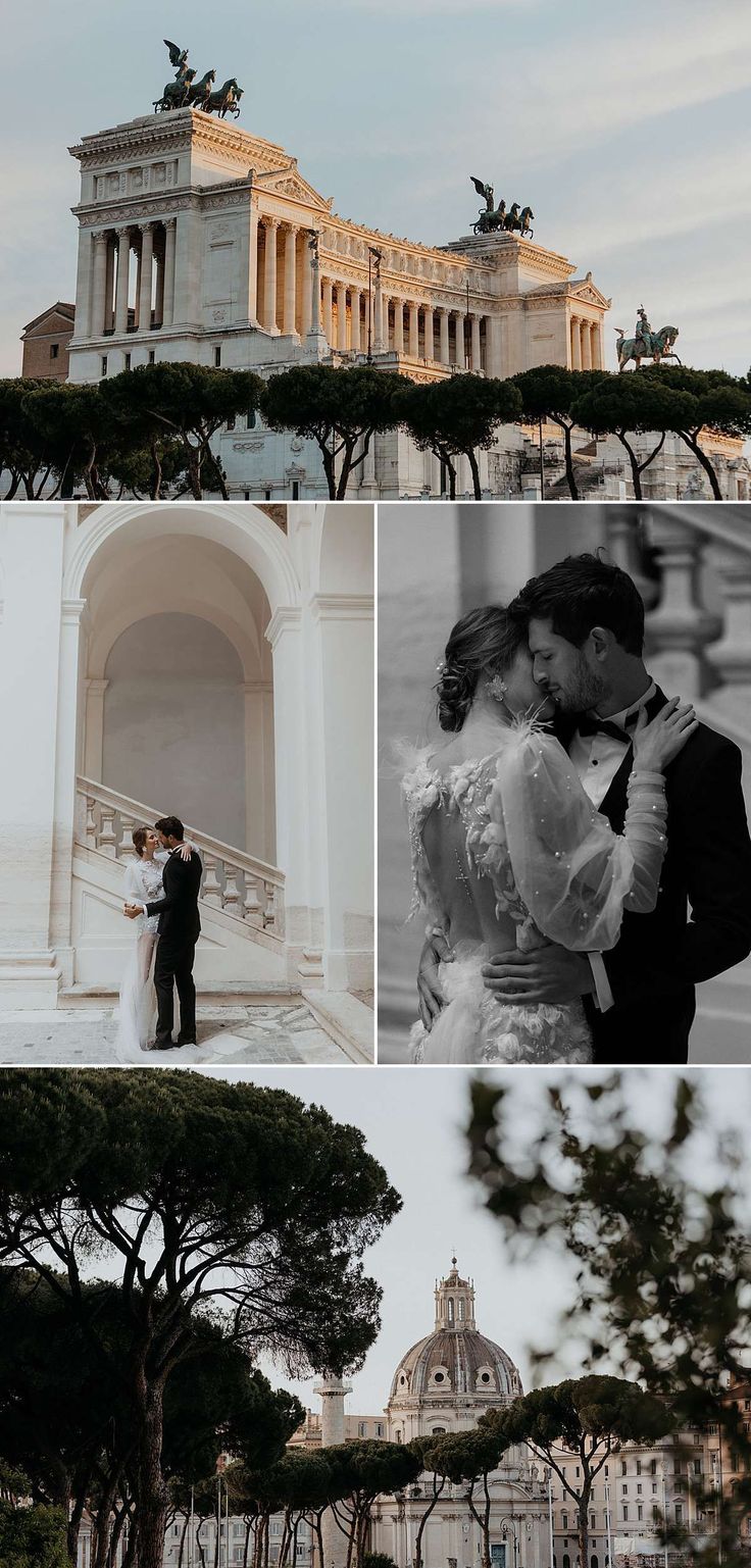 the wedding couple is posing in front of an old building with columns and trees around them