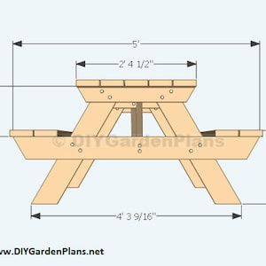 a drawing of a picnic table with measurements for the top and bottom section, including three legs