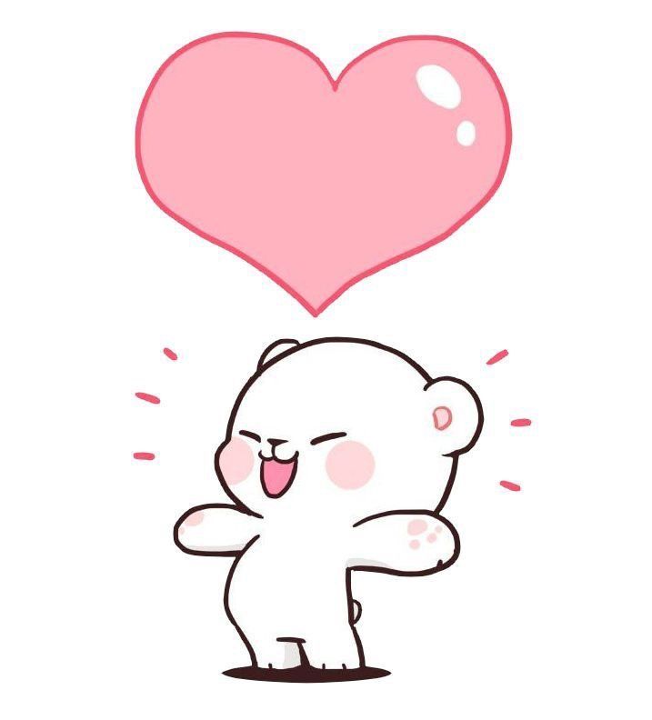 a white bear holding a pink heart on top of it's head, with its arms in the air