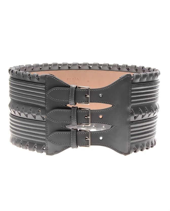 Ribbed Leather Triple Buckle Belt by AZZEDINE ALAÏA at Browns Fashion for… Black Leather Corset, Azzedine Alaïa, Azzedine Alaia, Closet Accessories, Designer Belts, Stylish Rings, Leather Detail, Leather Corset, Chic Accessories