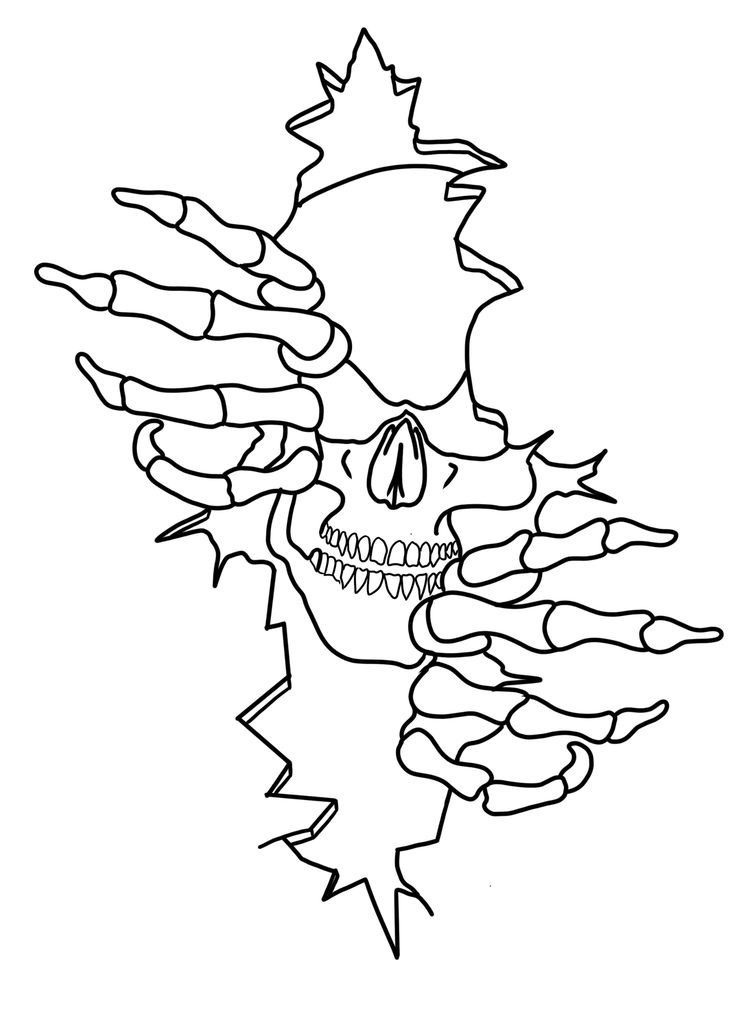 a drawing of a skeleton with long hair and fangs on it's face, in black and white