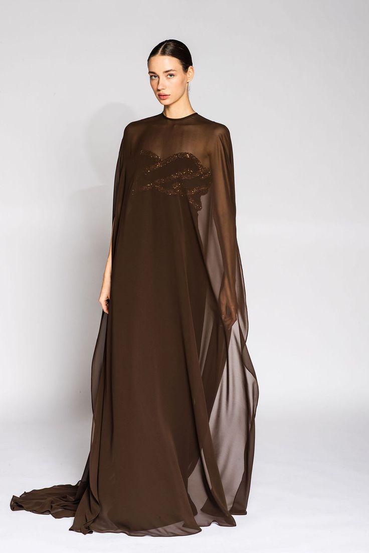 Her Trove - Crepe dress with chiffon cape Brown Chiffon Dress, Dress With Cloak, Chifon Dress, Evening Dress With Cape, Brown Dresses Formal, Gown With Cape, Chiffon Cape, Dress With Cape, Cape Gown