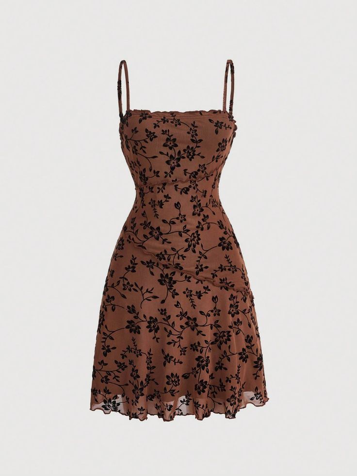 Coffee Brown Boho Collar Sleeveless Knitted Fabric Floral,All Over Print Cami Embellished Slight Stretch  Women Clothing Fitted Brown A-line Sleeveless Dress, Casual Brown A-line Mini Dress, Casual Brown Mini Dress For Party, Brown A-line Mini Dress For The Beach, Fitted Brown Sleeveless Mini Dress, Casual Brown Sleeveless Mini Dress, Casual Brown Mini Sleeveless Dress, Brown A-line Sundress, Casual Brown A-line Sleeveless Dress