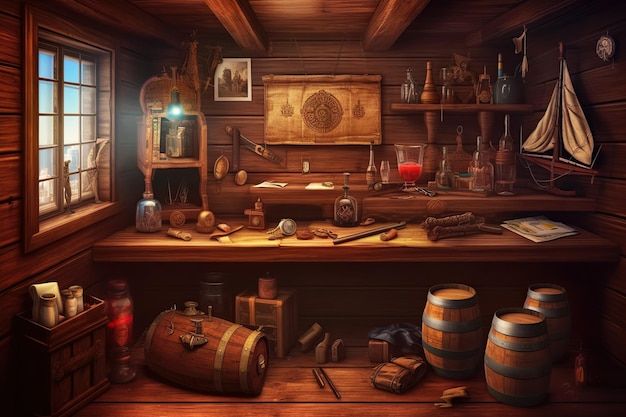 a room filled with lots of wooden barrels and other items on top of a table